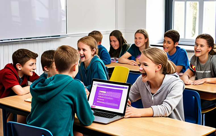 **
"Coding class in Germany, students excitedly working on laptops, teacher providing encouragement, bright and colorful classroom with motivational posters. Focus on a student successfully debugging a program, glowing with achievement."
**