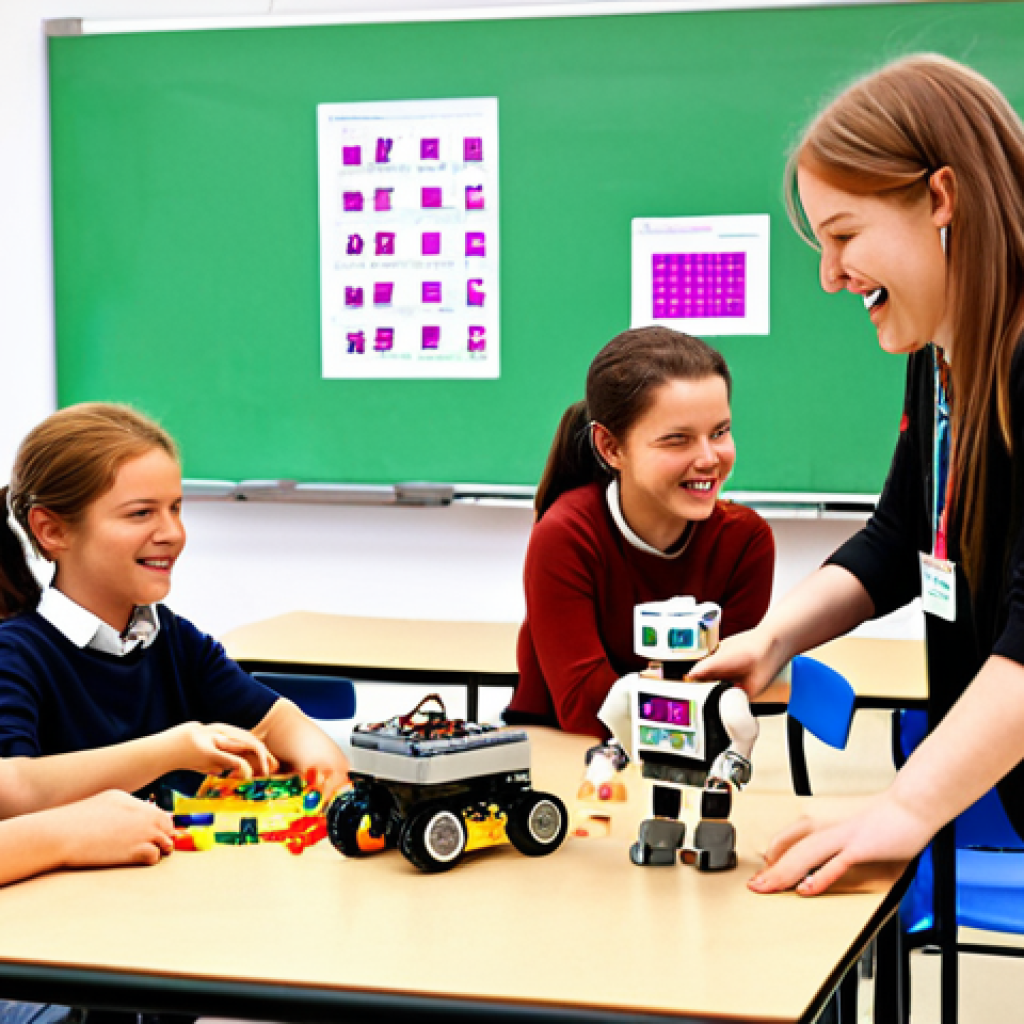 A brightly lit classroom scene where children are gathered around tables, excitedly working with colorful LEGO Mindstorms robot kits. The atmosphere is buzzing with collaborative energy, as a female Kodierpädagoge (coding pedagogue), perhaps in her 30s, smiles encouragingly while gesturing towards a student's robot. The classroom is decorated with posters showcasing coding concepts, and the overall mood is engaging and playful. Capture the spirit of hands-on learning and technological exploration in a German context.