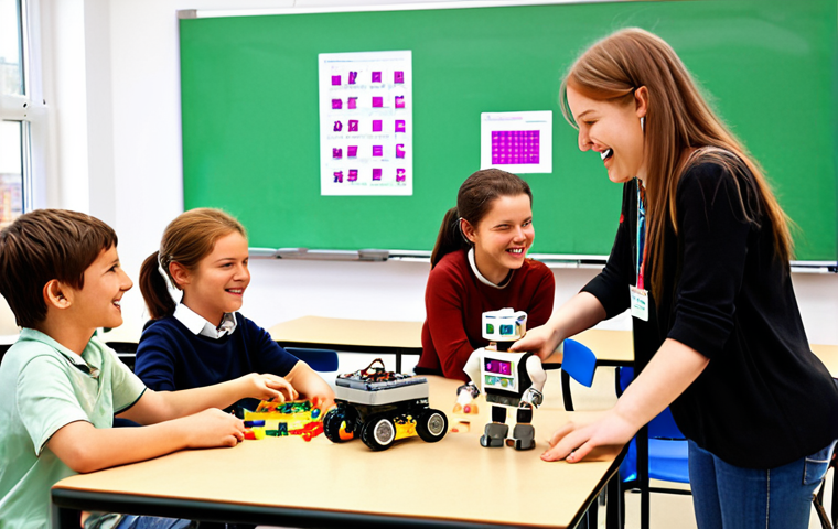 A brightly lit classroom scene where children are gathered around tables, excitedly working with colorful LEGO Mindstorms robot kits. The atmosphere is buzzing with collaborative energy, as a female Kodierpädagoge (coding pedagogue), perhaps in her 30s, smiles encouragingly while gesturing towards a student's robot. The classroom is decorated with posters showcasing coding concepts, and the overall mood is engaging and playful. Capture the spirit of hands-on learning and technological exploration in a German context.
