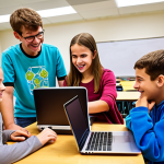 **

A brightly lit classroom with children and teenagers enthusiastically engaged in coding activities. Some are using laptops, while others are working with robotics kits. In the background, a professor from a university is collaborating with a coding educator, both smiling and offering guidance. The overall atmosphere should convey a sense of fun, learning, and collaboration. Style: Vibrant, modern, and slightly cartoonish to appeal to a younger audience.

**