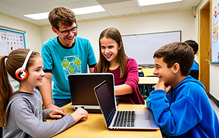 **
A brightly lit classroom with children and teenagers enthusiastically engaged in coding activities. Some are using laptops, while others are working with robotics kits. In the background, a professor from a university is collaborating with a coding educator, both smiling and offering guidance. The overall atmosphere should convey a sense of fun, learning, and collaboration. Style: Vibrant, modern, and slightly cartoonish to appeal to a younger audience.
**