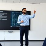 A dynamic male coding lecturer, dressed in a smart, modest collared shirt and professional trousers, stands confidently at the front of a modern, bright university lecture hall. Behind him, a large screen displays an abstract, evolving code graphic with subtle AI interface elements. He is engaged, with one hand gesturing towards the screen, conveying passion and expertise. Blurred figures of students are visible in the background, facing forward. Professional photography, high-resolution, sharp focus on the lecturer. Fully clothed, appropriate attire, safe for work, perfect anatomy, correct proportions, professional dress, natural body proportions, appropriate content, modest, well-formed hands, proper finger count.