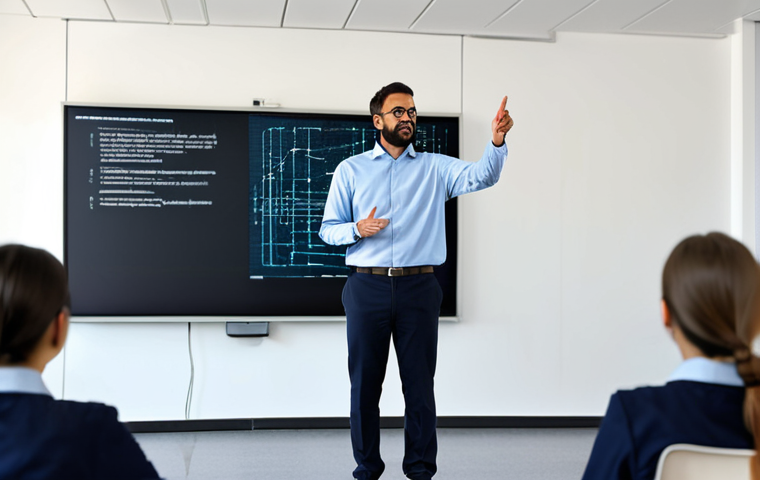 A dynamic male coding lecturer, dressed in a smart, modest collared shirt and professional trousers, stands confidently at the front of a modern, bright university lecture hall. Behind him, a large screen displays an abstract, evolving code graphic with subtle AI interface elements. He is engaged, with one hand gesturing towards the screen, conveying passion and expertise. Blurred figures of students are visible in the background, facing forward. Professional photography, high-resolution, sharp focus on the lecturer. Fully clothed, appropriate attire, safe for work, perfect anatomy, correct proportions, professional dress, natural body proportions, appropriate content, modest, well-formed hands, proper finger count.