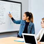A professional coding instructor, a diverse woman in her 30s, stands at a desk, guiding two young adult students, one male and one female, in a bright, modern classroom at a German university. All individuals are fully clothed in professional, modest attire. Laptops are open on the desks, and a whiteboard behind the instructor shows neatly written code. The atmosphere is collaborative and focused. Professional photography, high resolution, soft natural light, clean aesthetic, perfect anatomy, correct proportions, natural pose, well-formed hands, proper finger count, natural body proportions, safe for work, appropriate content, family-friendly.