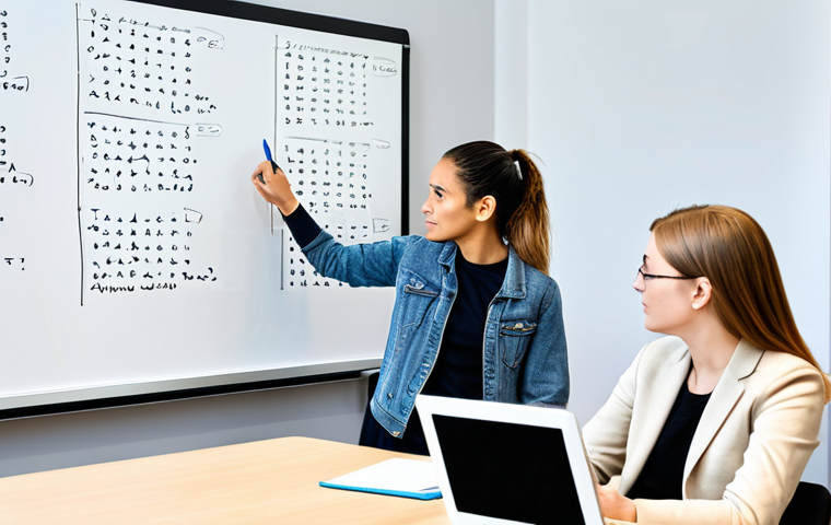 A professional coding instructor, a diverse woman in her 30s, stands at a desk, guiding two young adult students, one male and one female, in a bright, modern classroom at a German university. All individuals are fully clothed in professional, modest attire. Laptops are open on the desks, and a whiteboard behind the instructor shows neatly written code. The atmosphere is collaborative and focused. Professional photography, high resolution, soft natural light, clean aesthetic, perfect anatomy, correct proportions, natural pose, well-formed hands, proper finger count, natural body proportions, safe for work, appropriate content, family-friendly.