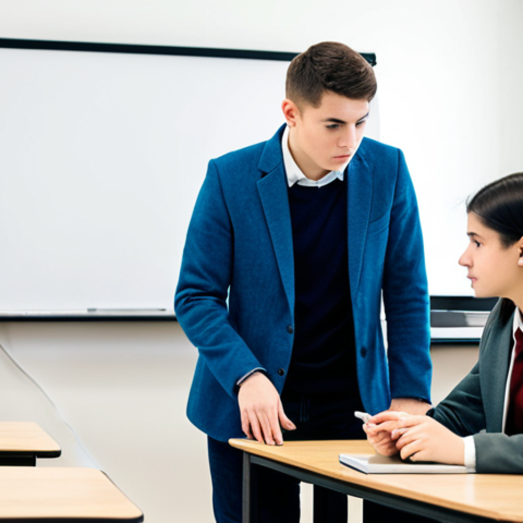 A professional coding educator, fully clothed in a smart casual blazer and trousers, gently guiding a young adult student who is also fully clothed in a modest, professional sweater and jeans. They are seated side-by-side at a modern desk in a well-lit, clean tech classroom. The educator is leaning slightly towards the student, pointing at a line of code on the screen with a natural pose, while the student looks attentively at the screen. High-quality professional photography, perfect anatomy, correct proportions, well-formed hands, proper finger count, natural body proportions, sharp focus, vibrant colors, clear composition. Safe for work, appropriate content, fully clothed, professional, modest clothing.
