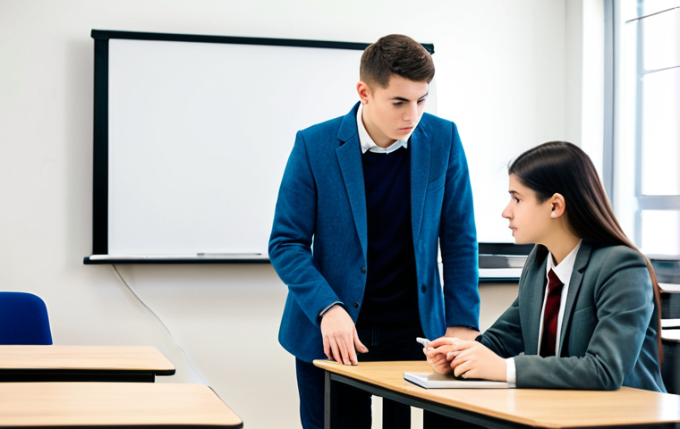 A professional coding educator, fully clothed in a smart casual blazer and trousers, gently guiding a young adult student who is also fully clothed in a modest, professional sweater and jeans. They are seated side-by-side at a modern desk in a well-lit, clean tech classroom. The educator is leaning slightly towards the student, pointing at a line of code on the screen with a natural pose, while the student looks attentively at the screen. High-quality professional photography, perfect anatomy, correct proportions, well-formed hands, proper finger count, natural body proportions, sharp focus, vibrant colors, clear composition. Safe for work, appropriate content, fully clothed, professional, modest clothing.