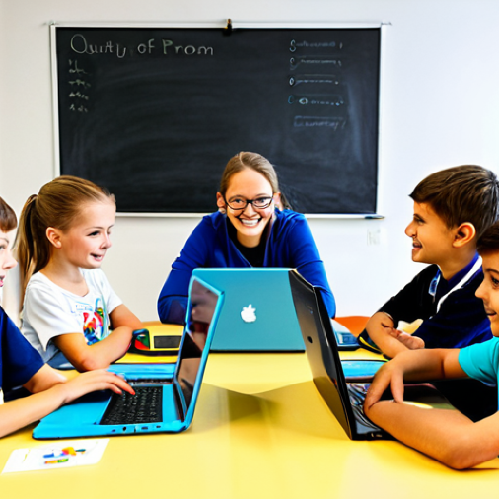 **

A group of young children (ages 7-10) are sitting around a table, enthusiastically working on laptops with Scratch programming interfaces visible on the screens. The room is bright and colorful, decorated with posters related to coding and technology. A teacher is assisting one of the children. All children are fully clothed in everyday attire. Safe for work, appropriate content, family-friendly, professional setting, perfect anatomy, natural proportions, well-lit classroom.

**