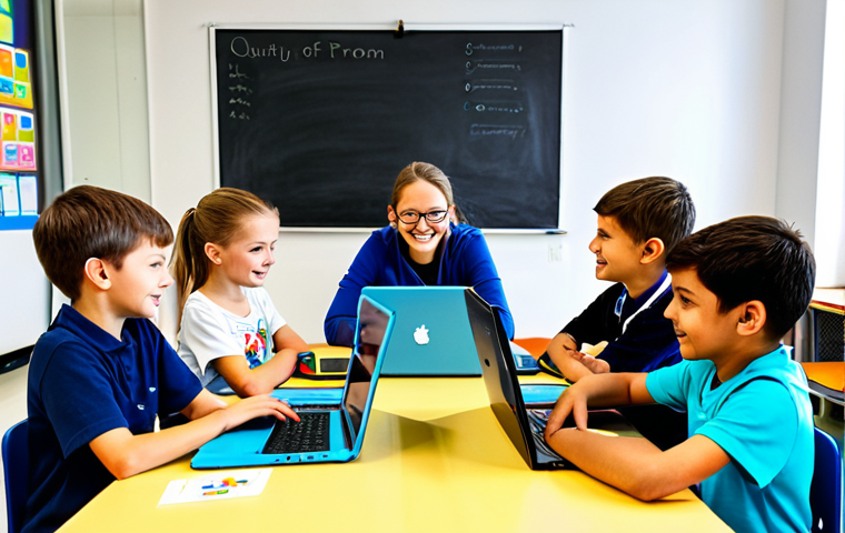 **
A group of young children (ages 7-10) are sitting around a table, enthusiastically working on laptops with Scratch programming interfaces visible on the screens. The room is bright and colorful, decorated with posters related to coding and technology. A teacher is assisting one of the children. All children are fully clothed in everyday attire. Safe for work, appropriate content, family-friendly, professional setting, perfect anatomy, natural proportions, well-lit classroom.
**