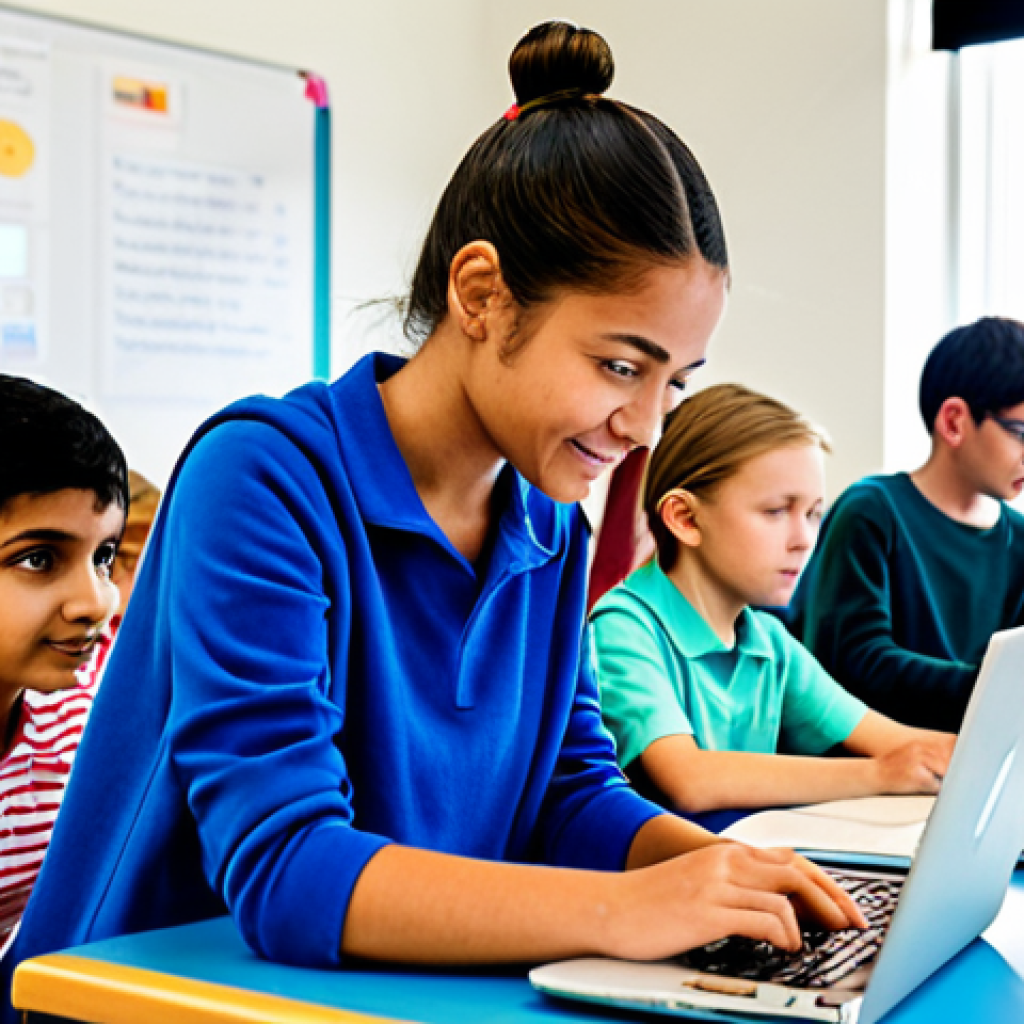 코딩교육지도사 자격증 도전 동기 - Classroom Coding**
"A bright, modern classroom filled with children (ages 8-12) working on laptops,...
