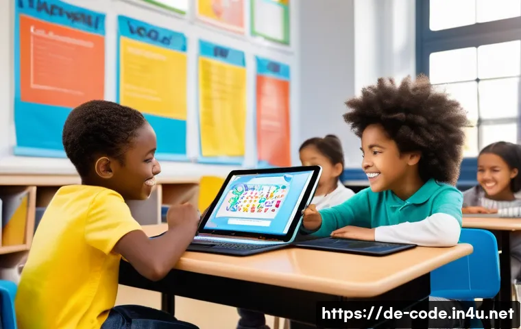 코딩교육지도사와 소프트웨어 교육의 필요성 - **Prompt:** A vibrant, diverse group of primary school children (ages 8-10) are seated around modern...