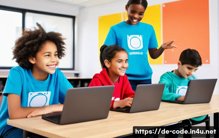 코딩교육지도사와 교육 과정의 평가 기준 - **Inspiring Coding Instructor with Engaged Students**
    A vibrant, medium shot of a diverse group ...