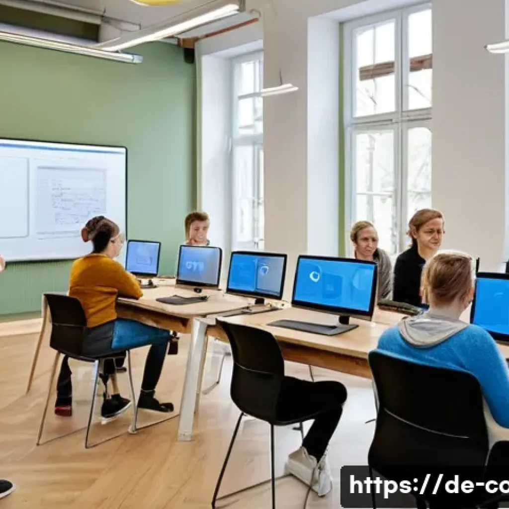 코딩교육지도사와 자격증 합격률 비교 - A modern classroom scene in a German adult education center, featuring diverse adult students attent...