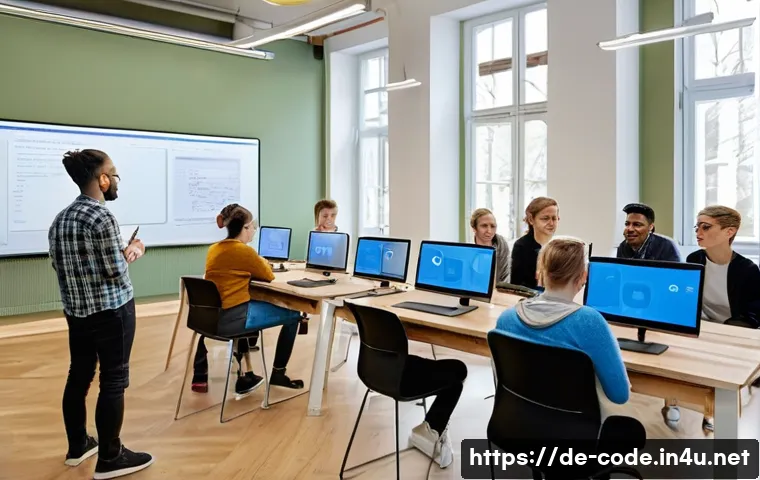 코딩교육지도사와 자격증 합격률 비교 - A modern classroom scene in a German adult education center, featuring diverse adult students attent...