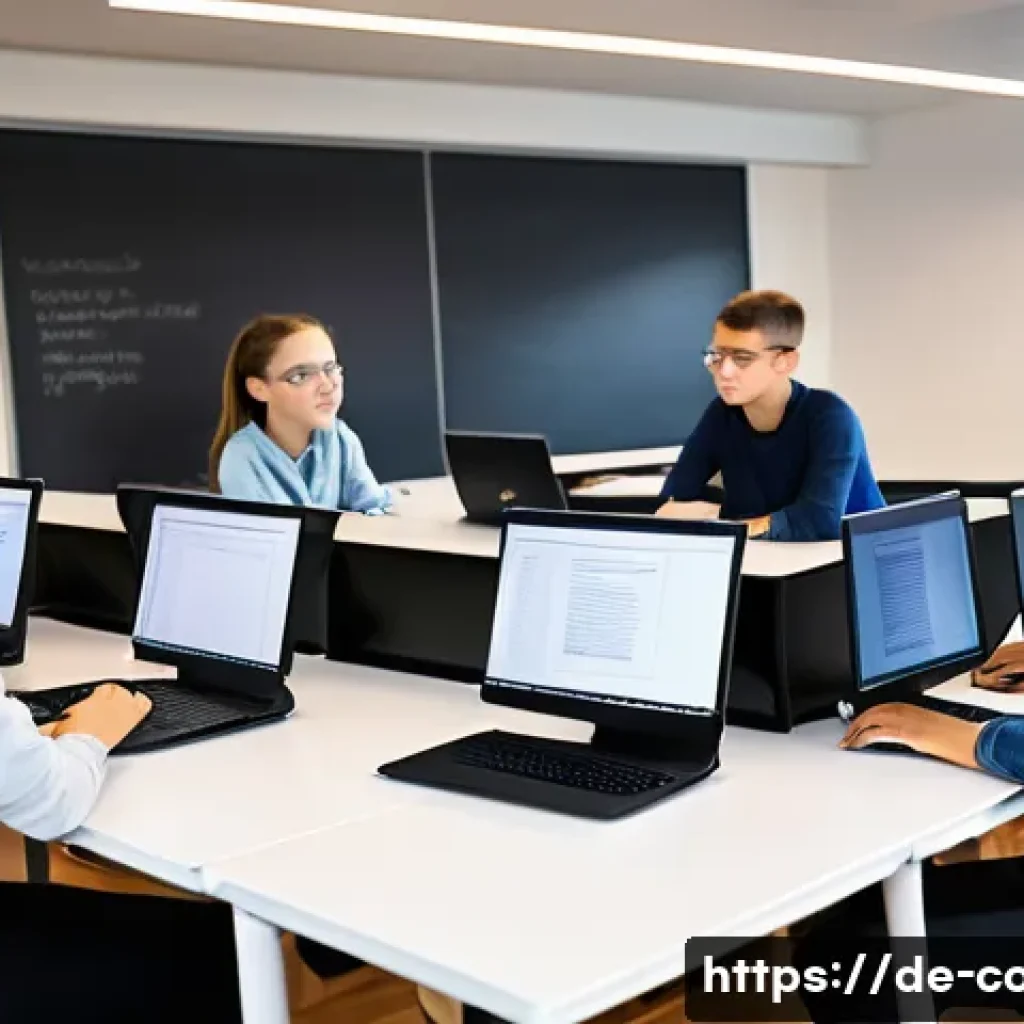 코딩교육지도사로서 교육 효과 측정 방법 - A modern classroom scene in Germany with diverse students working on programming projects using lapt...