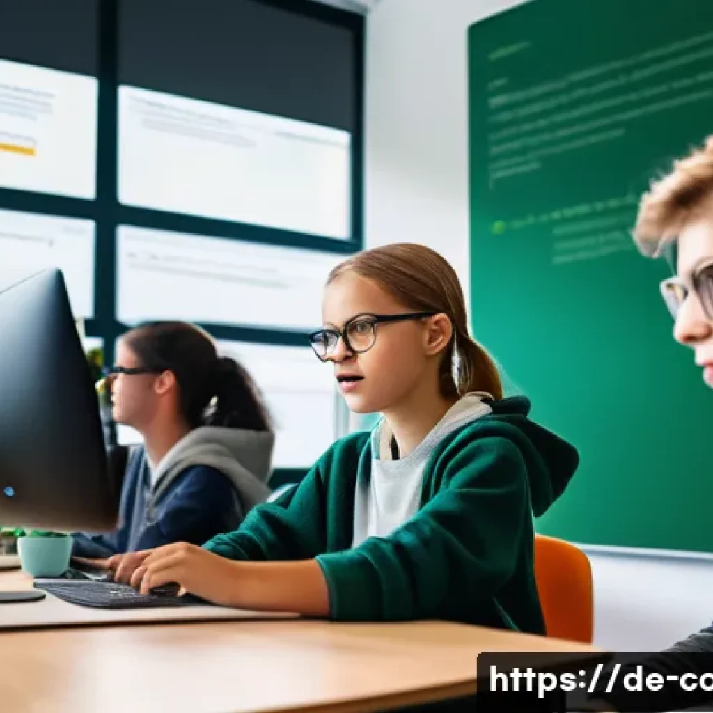 코딩교육지도사로서 팀워크 중심 수업 운영 - A modern classroom scene in Germany showing two teenagers pair programming at a computer desk, both ...