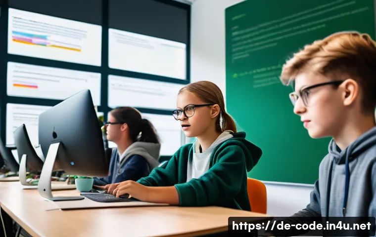 코딩교육지도사로서 팀워크 중심 수업 운영 - A modern classroom scene in Germany showing two teenagers pair programming at a computer desk, both ...