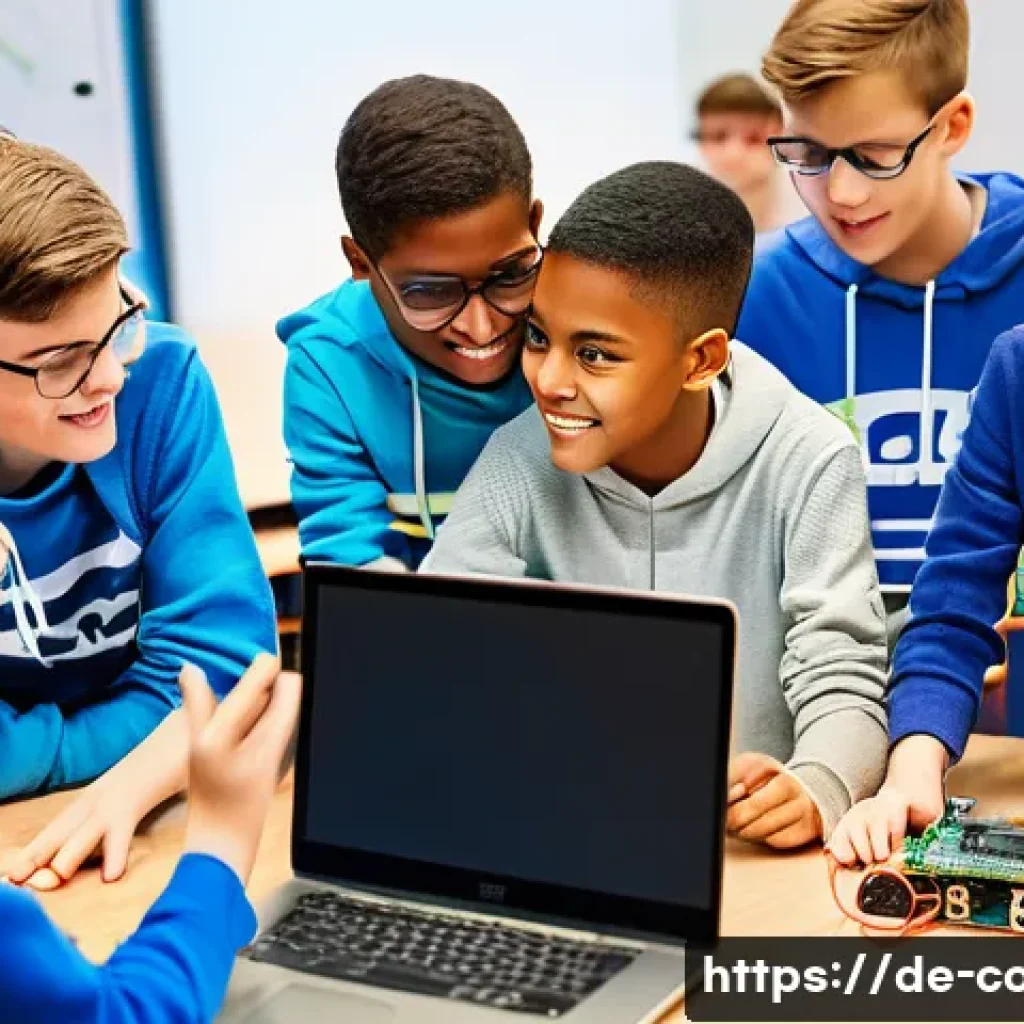 코딩교육지도사로서 학생들의 흥미를 끄는 방법 - A bright, modern classroom scene in Germany with diverse middle school students actively engaged in ...