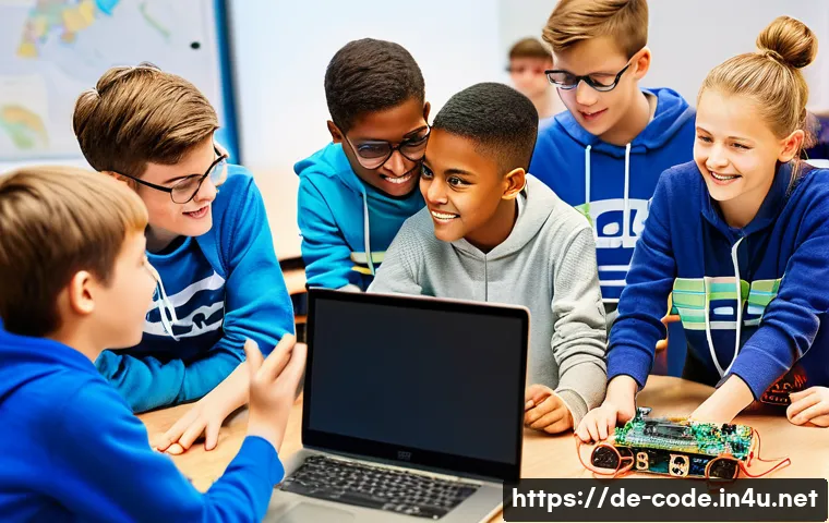 코딩교육지도사로서 학생들의 흥미를 끄는 방법 - A bright, modern classroom scene in Germany with diverse middle school students actively engaged in ...