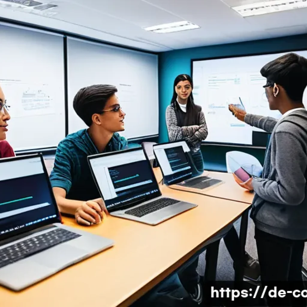 코딩교육지도사와 기술적 문제 해결 능력 - A modern classroom scene showing diverse high school students engaged in a technical problem-solving...
