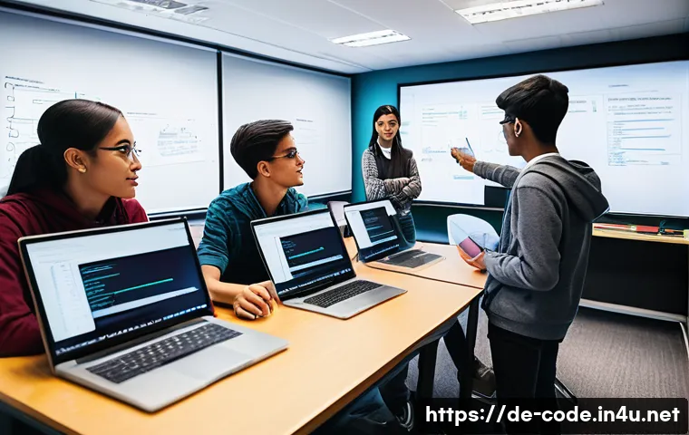 코딩교육지도사와 기술적 문제 해결 능력 - A modern classroom scene showing diverse high school students engaged in a technical problem-solving...