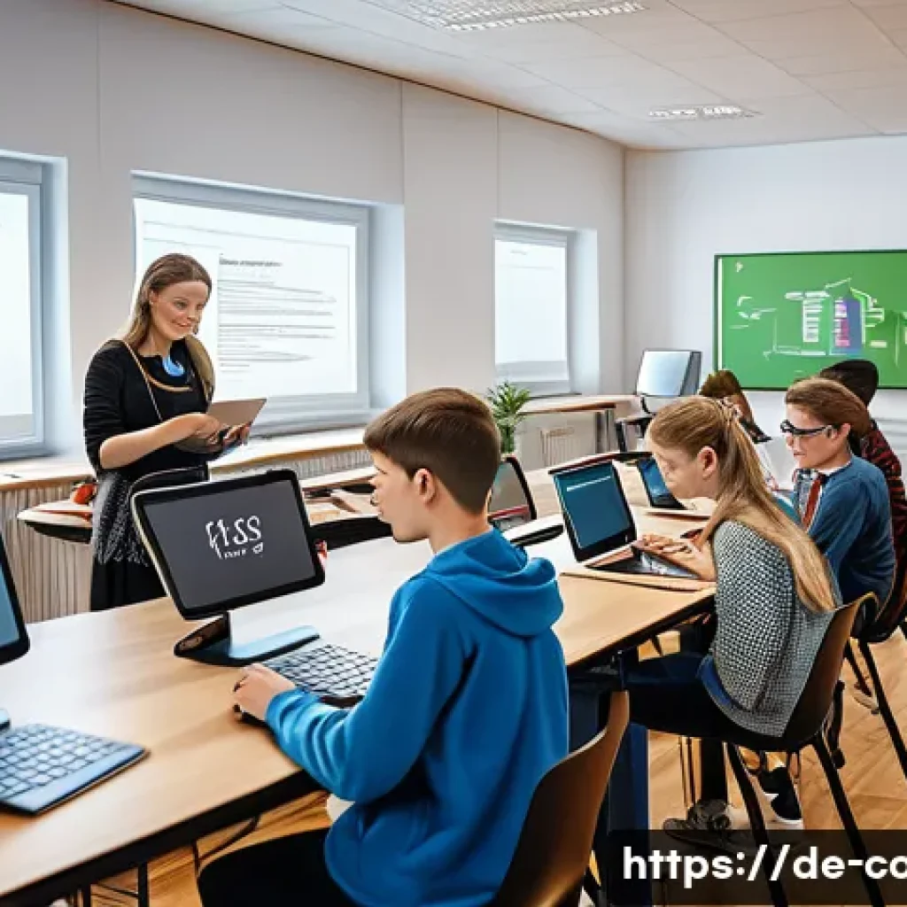 코딩교육지도사와 학습 관리 도구 추천 - A bright modern classroom scene in Germany showing diverse students aged around 14-16 using adaptive...