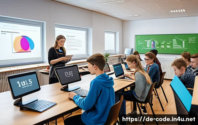 코딩교육지도사와 학습 관리 도구 추천 - A bright modern classroom scene in Germany showing diverse students aged around 14-16 using adaptive...