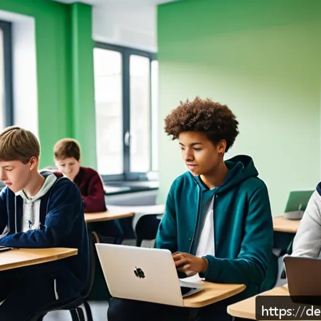 코딩교육지도사와 디지털 교육 자원 활용 - A modern German classroom scene showing diverse students aged around 15-18 using laptops and tablets...