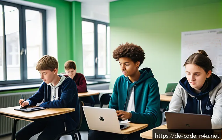 코딩교육지도사와 디지털 교육 자원 활용 - A modern German classroom scene showing diverse students aged around 15-18 using laptops and tablets...