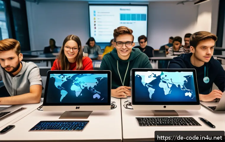 코딩교육지도사와 학습자 참여 전략 - A vibrant classroom scene with diverse young adult students actively engaging in a gamified coding w...