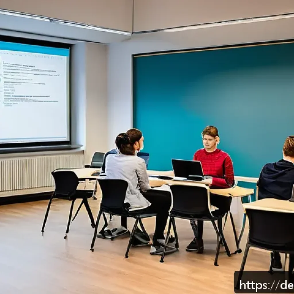 코딩교육지도사와 강의 스킬 개발 방법 - A modern coding classroom in a German university setting, showing a diverse group of adult students ...
