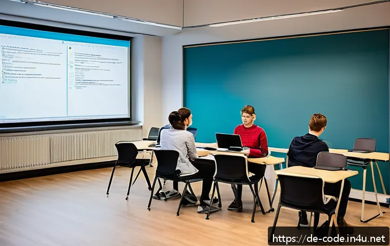 코딩교육지도사와 강의 스킬 개발 방법 - A modern coding classroom in a German university setting, showing a diverse group of adult students ...