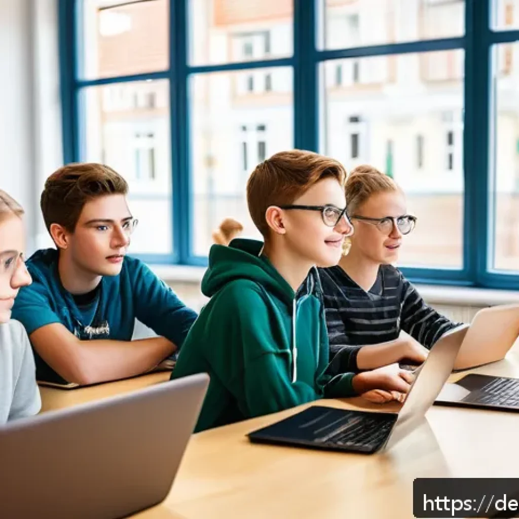 코딩교육지도사와 학습 자료 활용 사례 - A modern classroom scene in Germany with diverse teenagers collaboratively working on a programming ...