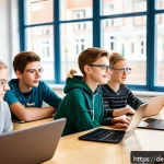 코딩교육지도사와 학습 자료 활용 사례 - A modern classroom scene in Germany with diverse teenagers collaboratively working on a programming ...