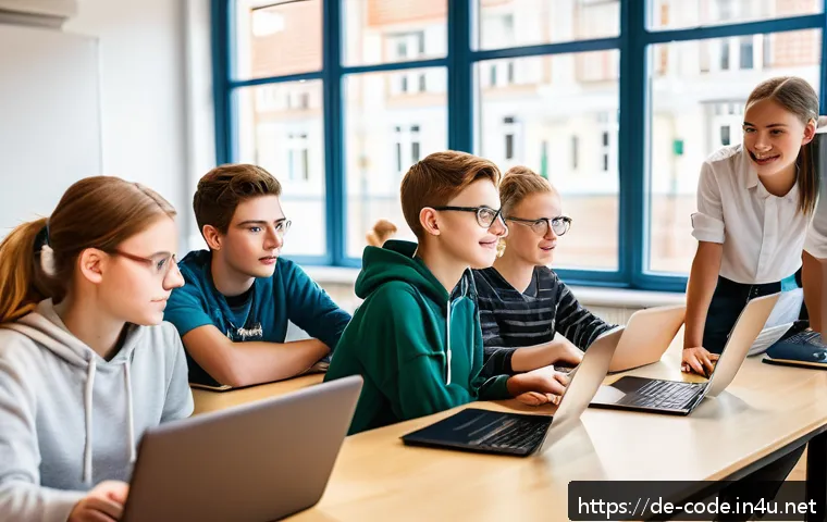 코딩교육지도사와 학습 자료 활용 사례 - A modern classroom scene in Germany with diverse teenagers collaboratively working on a programming ...