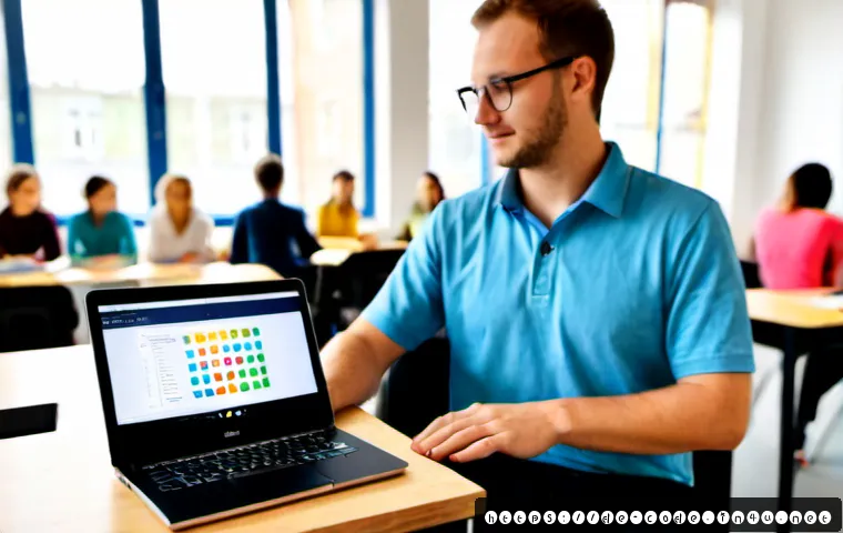 Home 17 코딩교육지도사 자격증 취득 후 해야 할 일 - Photorealistic German coding instructor in a bright modern community education classroom, preparing ...
