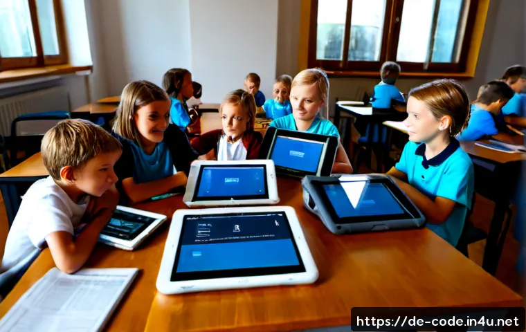 코딩교육지도사와 교육 혁신 사례 - Photorealistic modern German primary school classroom during a coding education workshop, a friendly...