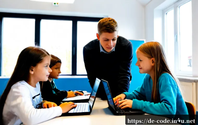 코딩교육지도사와 교육 방법 개선 사례 - Photorealistic German coding education instructor guiding a small group of middle-school students in...