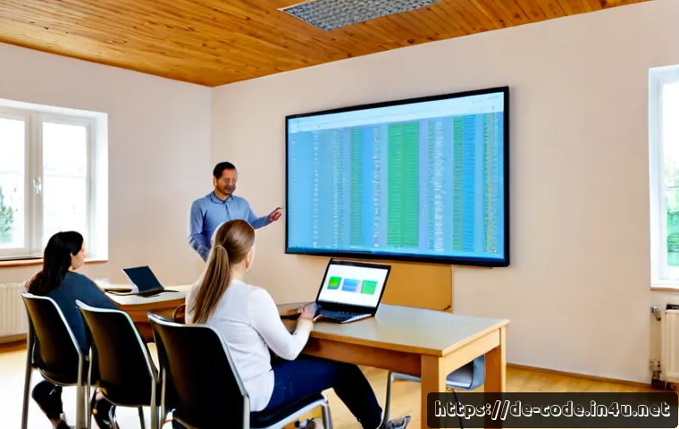 코딩교육지도사 강의 활동의 장단점 - Photorealistic German adult coding instructor leading a small evening class in a bright modern commu...