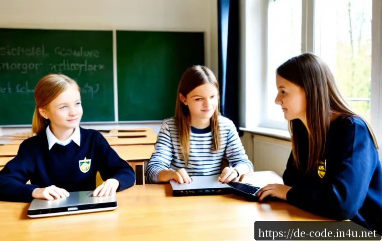 코딩교육지도사와 디지털 교육 혁신 - Photorealistic modern German secondary school classroom, a coding education instructor guiding diver...